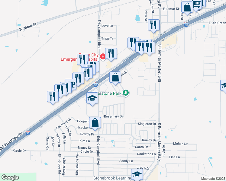 map of restaurants, bars, coffee shops, grocery stores, and more near 1221 Cyprus Drive in Royse City
