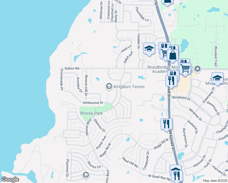 map of restaurants, bars, coffee shops, grocery stores, and more near 2651 Eganridge Lane in Rockwall