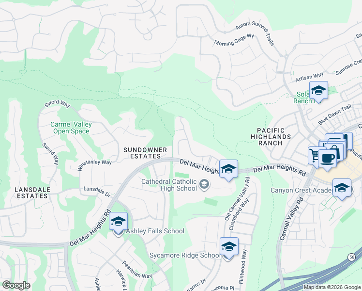 map of restaurants, bars, coffee shops, grocery stores, and more near 13459 El Presidio Trail in San Diego