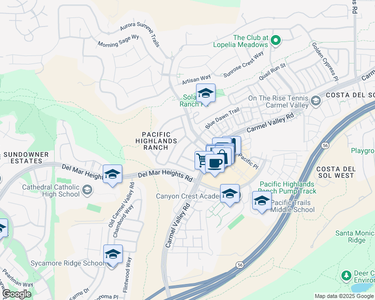 map of restaurants, bars, coffee shops, grocery stores, and more near 13509 Moonflower Meadows Trail in San Diego