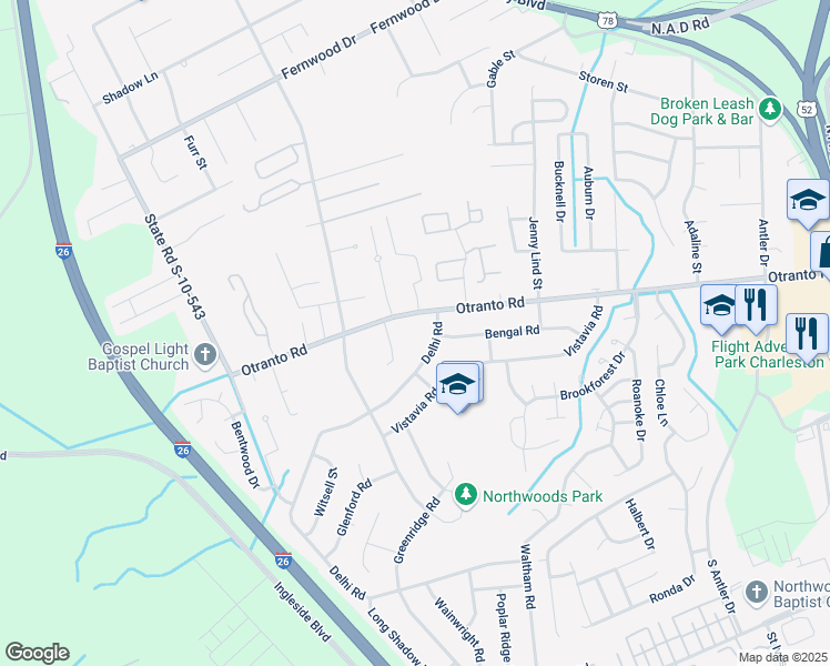 map of restaurants, bars, coffee shops, grocery stores, and more near 8612 Delhi Road in North Charleston