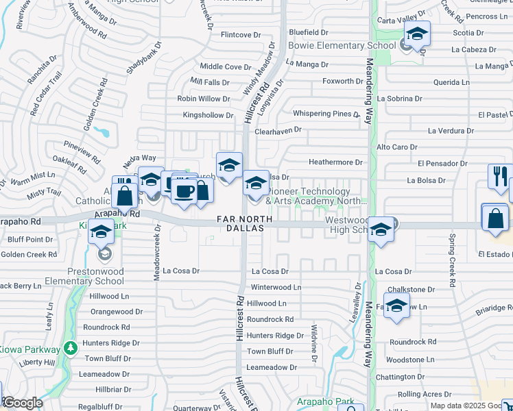 map of restaurants, bars, coffee shops, grocery stores, and more near 15720 Hillcrest Road in Dallas