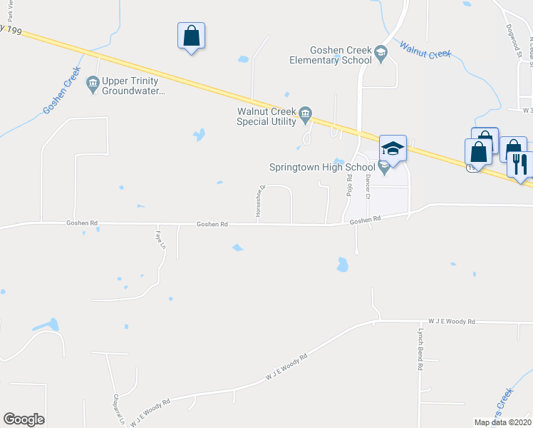 map of restaurants, bars, coffee shops, grocery stores, and more near 401 Horseshoe Drive in Springtown