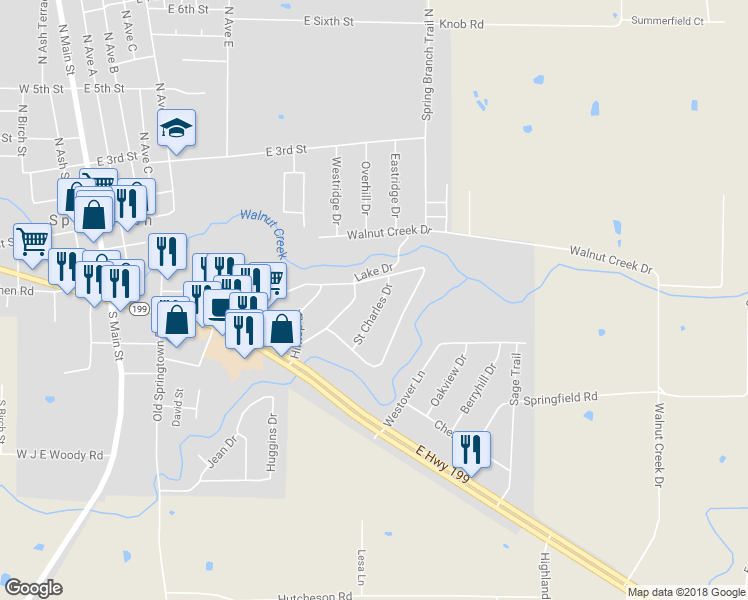 map of restaurants, bars, coffee shops, grocery stores, and more near 216 Saint Charles Drive in Springtown