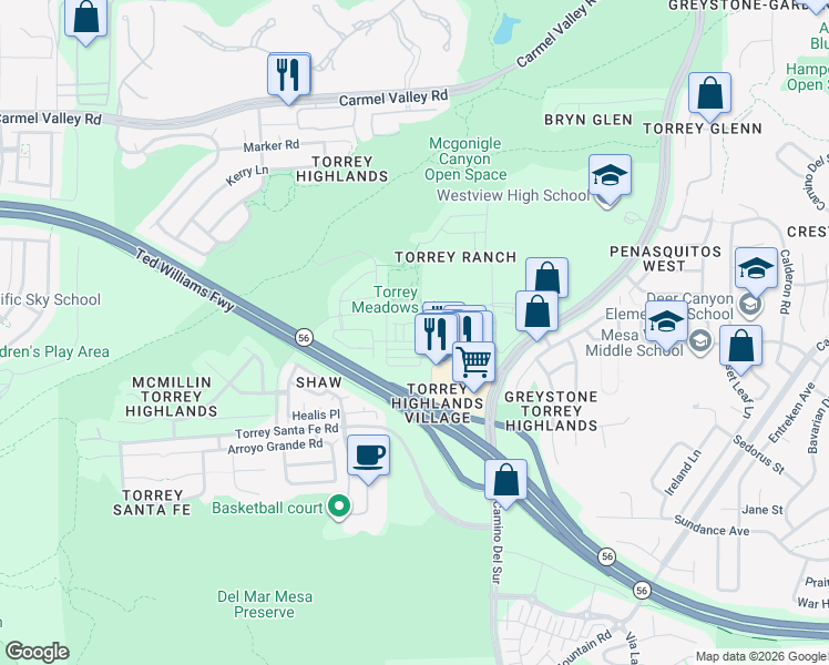 map of restaurants, bars, coffee shops, grocery stores, and more near 13325 Via Costanza in San Diego