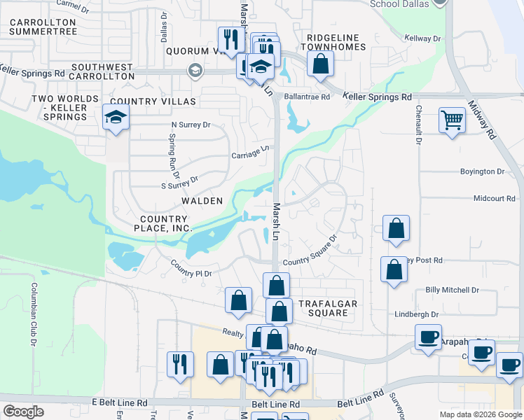 map of restaurants, bars, coffee shops, grocery stores, and more near 2941 Country Place Circle in Carrollton