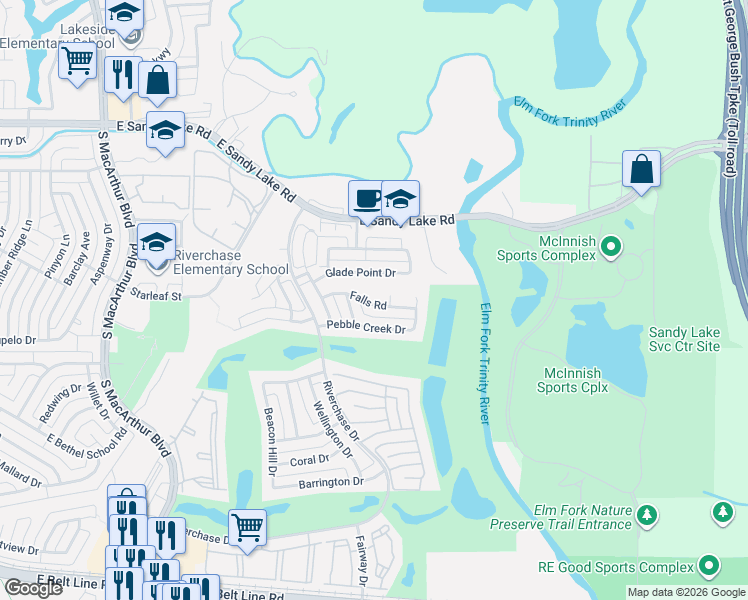 map of restaurants, bars, coffee shops, grocery stores, and more near 1447 Falls Road in Coppell