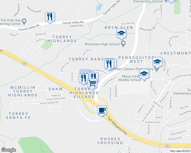 map of restaurants, bars, coffee shops, grocery stores, and more near 13316 Camino Del Sur in San Diego