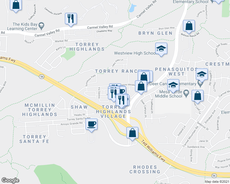 map of restaurants, bars, coffee shops, grocery stores, and more near 2 Via Bellarado in San Diego