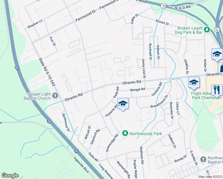 map of restaurants, bars, coffee shops, grocery stores, and more near 8612 Delhi Road in North Charleston