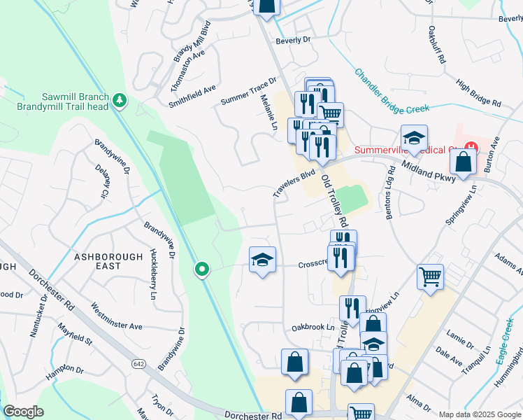 map of restaurants, bars, coffee shops, grocery stores, and more near 102 Walden Ridge Way in Summerville
