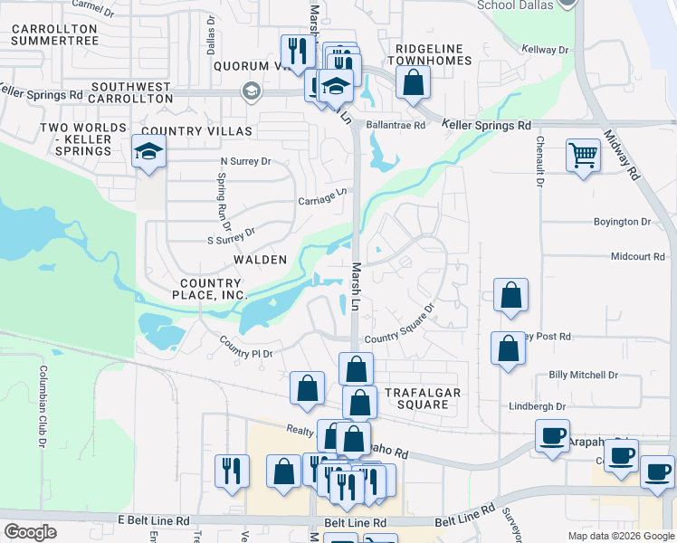 map of restaurants, bars, coffee shops, grocery stores, and more near 2941 Country Place Circle in Carrollton
