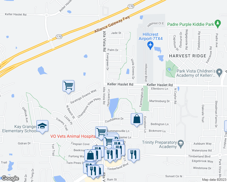 map of restaurants, bars, coffee shops, grocery stores, and more near 12956 Hurricane Lane in Fort Worth