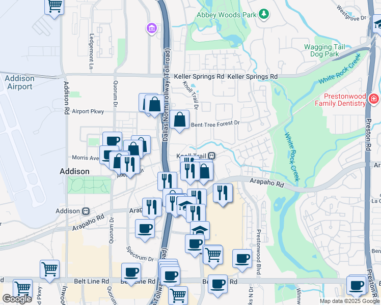 map of restaurants, bars, coffee shops, grocery stores, and more near 15411 Knoll Trail Drive in Dallas