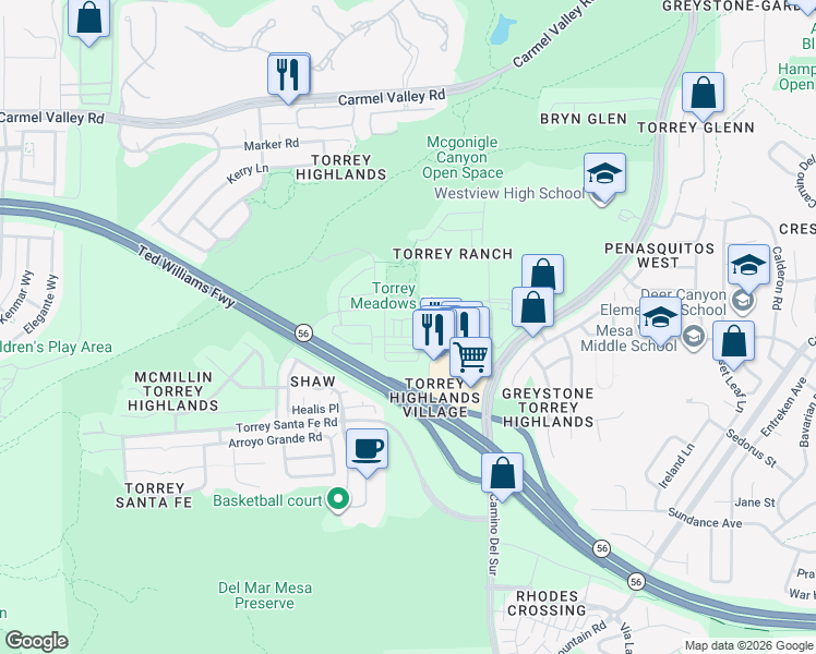 map of restaurants, bars, coffee shops, grocery stores, and more near 13325 Via Costanza in San Diego