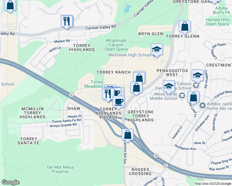 map of restaurants, bars, coffee shops, grocery stores, and more near 7870 Via Montebello in San Diego