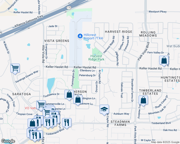 map of restaurants, bars, coffee shops, grocery stores, and more near 4028 Petersburg Drive in Fort Worth