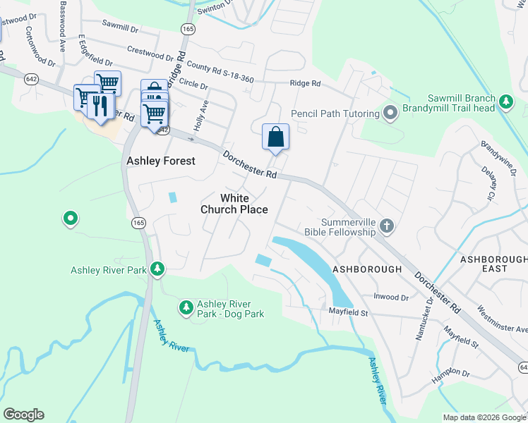 map of restaurants, bars, coffee shops, grocery stores, and more near 132 Pryors Lane in Summerville