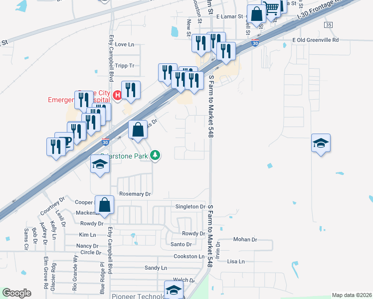 map of restaurants, bars, coffee shops, grocery stores, and more near 1304 Sandow Loop in Royse City