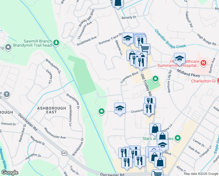 map of restaurants, bars, coffee shops, grocery stores, and more near 130 Walden Ridge Way in Summerville