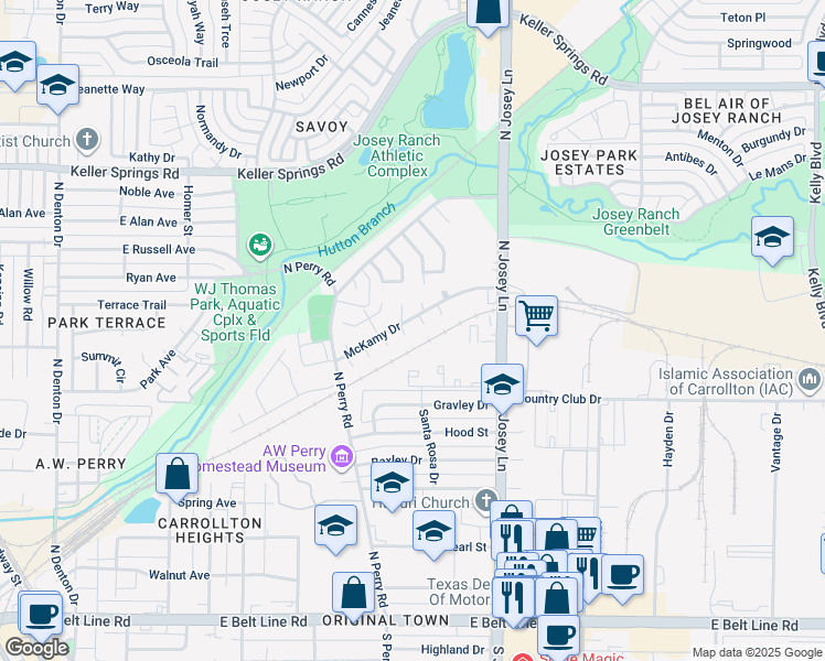 map of restaurants, bars, coffee shops, grocery stores, and more near 1846 Meadowbrook Cove in Carrollton