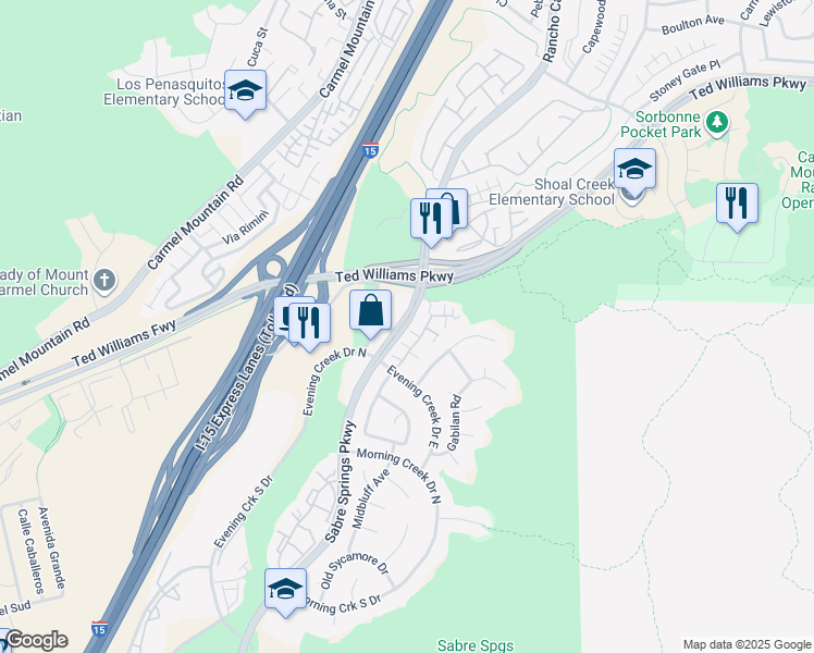map of restaurants, bars, coffee shops, grocery stores, and more near 13567 Sabre Springs Parkway in San Diego