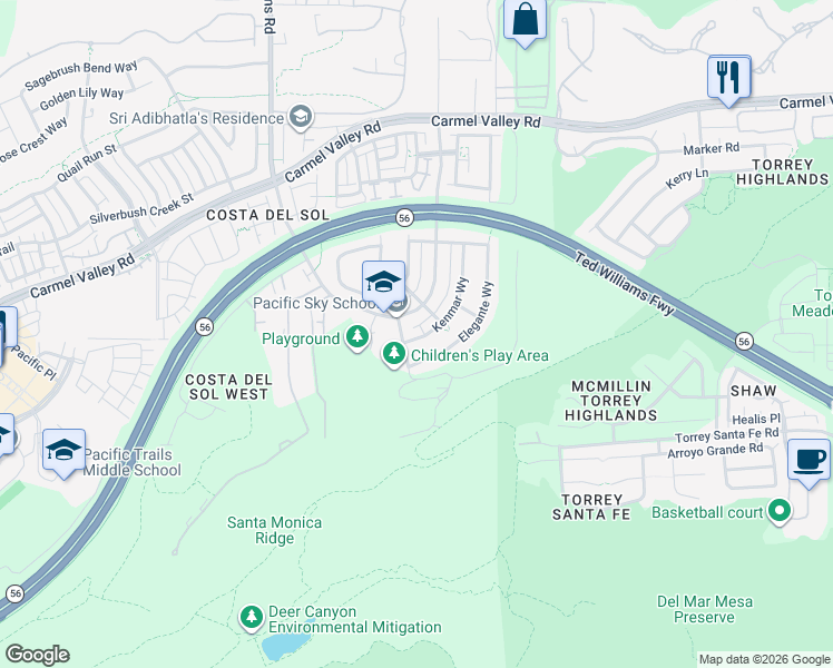 map of restaurants, bars, coffee shops, grocery stores, and more near 6670 Kenmar Way in San Diego