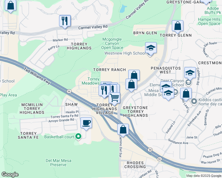 map of restaurants, bars, coffee shops, grocery stores, and more near 2 Via Bellarado in San Diego