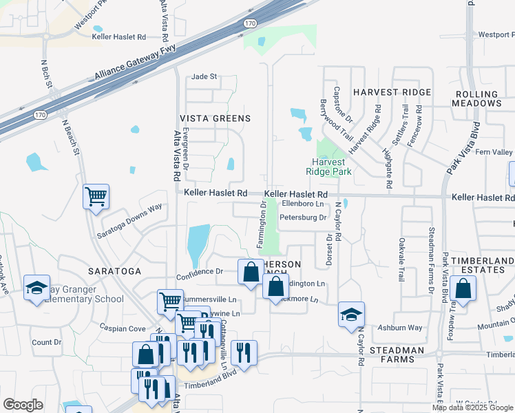 map of restaurants, bars, coffee shops, grocery stores, and more near 3936 Old Richwood Lane in Fort Worth