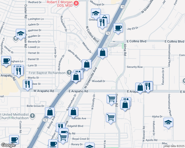 map of restaurants, bars, coffee shops, grocery stores, and more near North Greenville Avenue in Richardson