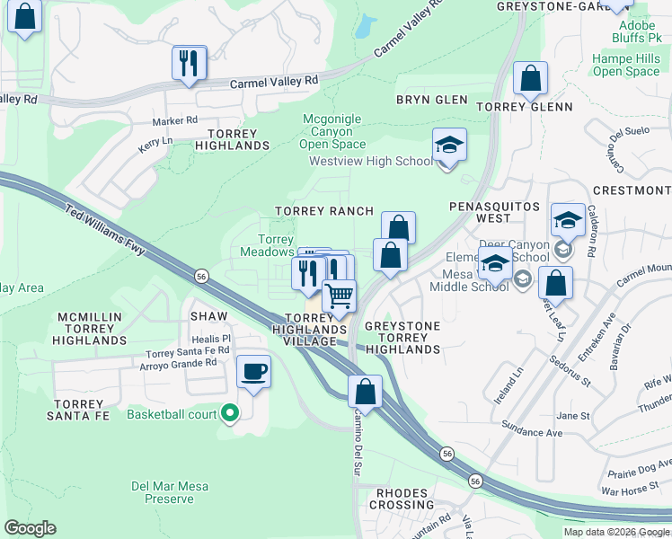 map of restaurants, bars, coffee shops, grocery stores, and more near 7865 Via Belfiore in San Diego