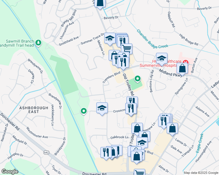 map of restaurants, bars, coffee shops, grocery stores, and more near 103 Muir Court in Summerville
