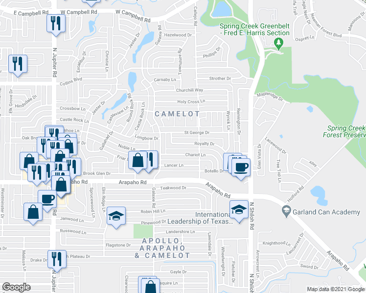 map of restaurants, bars, coffee shops, grocery stores, and more near 2910 Chariot Lane in Garland