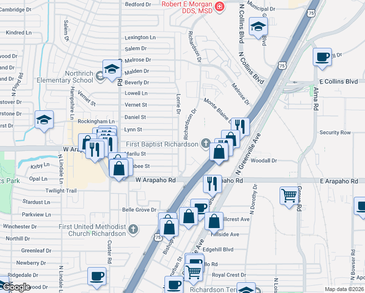 map of restaurants, bars, coffee shops, grocery stores, and more near 806 Lorrie Drive in Richardson