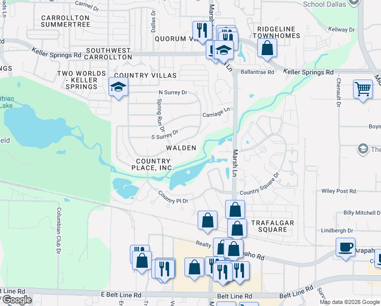 map of restaurants, bars, coffee shops, grocery stores, and more near 2818 Westridge Avenue in Carrollton