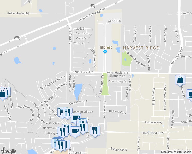 map of restaurants, bars, coffee shops, grocery stores, and more near 12932 Glenville Court in Fort Worth
