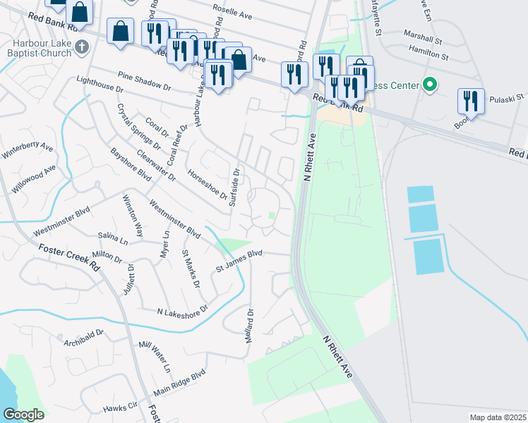 map of restaurants, bars, coffee shops, grocery stores, and more near 4998 Harbour Lake Drive in Goose Creek