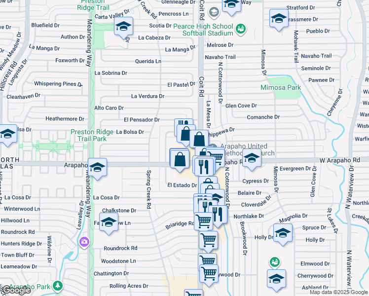 map of restaurants, bars, coffee shops, grocery stores, and more near 7931 Arapaho Road in Dallas