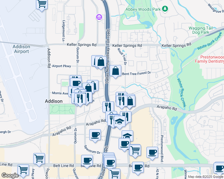 map of restaurants, bars, coffee shops, grocery stores, and more near 15770 Dallas Parkway in Dallas