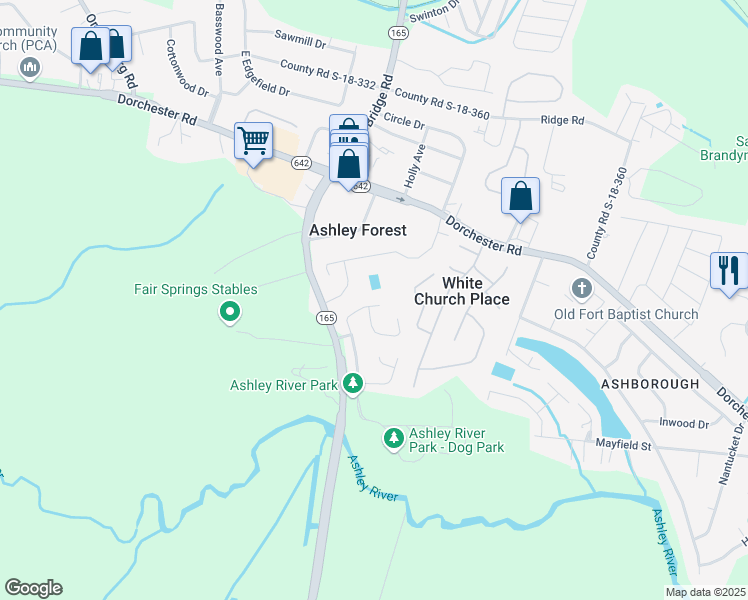 map of restaurants, bars, coffee shops, grocery stores, and more near 389 Bertram Road in Summerville