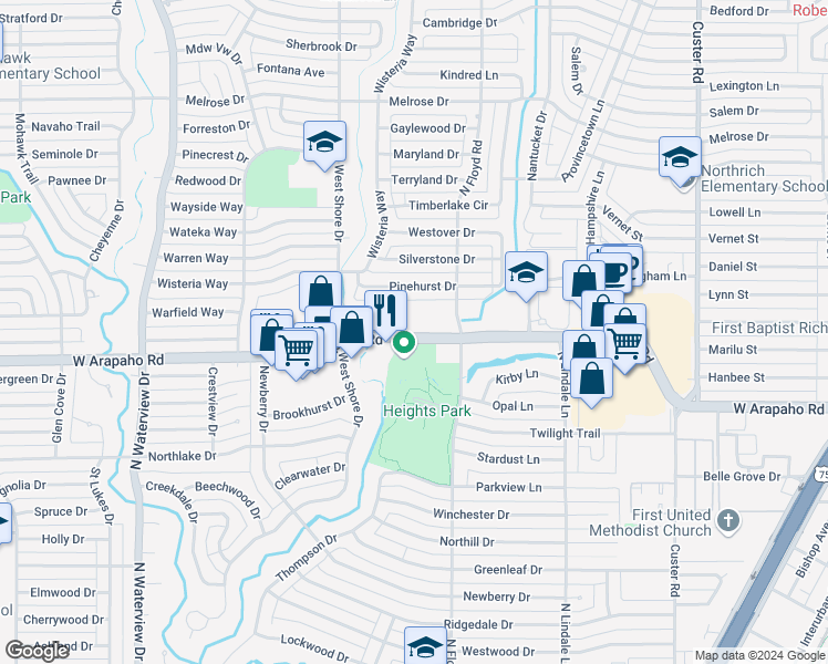 map of restaurants, bars, coffee shops, grocery stores, and more near 702 West Arapaho Road in Richardson