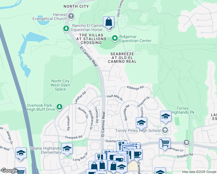 map of restaurants, bars, coffee shops, grocery stores, and more near 13596 Jadestone Way in San Diego