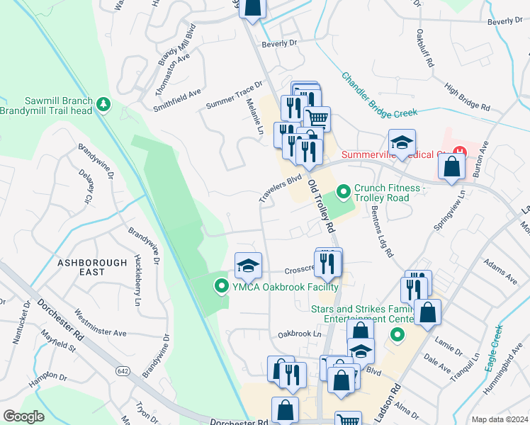 map of restaurants, bars, coffee shops, grocery stores, and more near 112 Kimeran Lane in Summerville