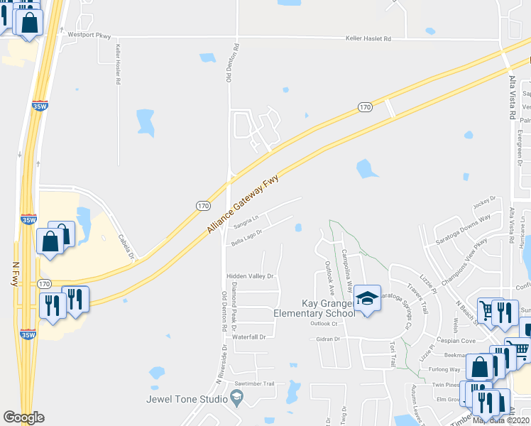 map of restaurants, bars, coffee shops, grocery stores, and more near 3141 Sangria Lane in Fort Worth