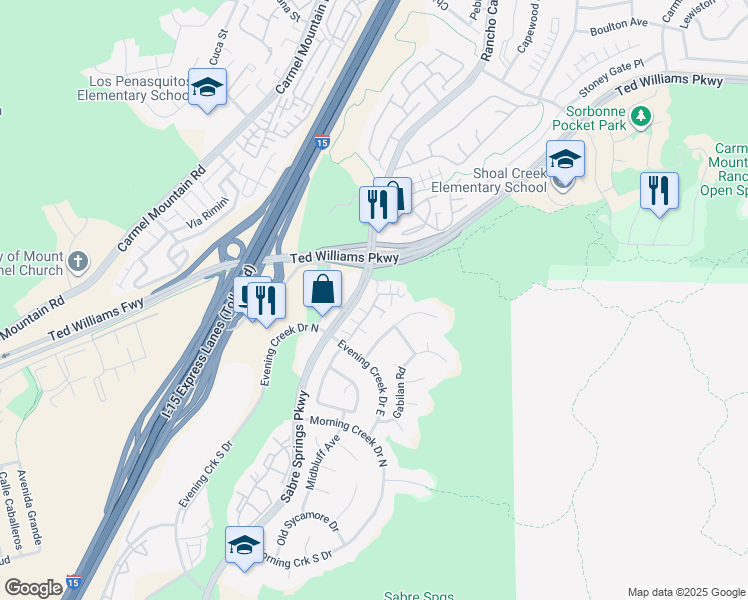 map of restaurants, bars, coffee shops, grocery stores, and more near 13567 Sabre Springs Parkway in San Diego