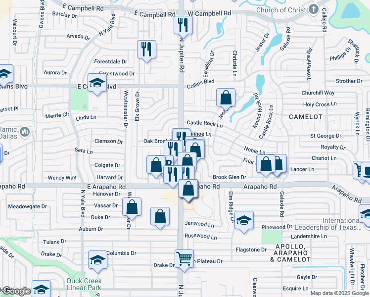 map of restaurants, bars, coffee shops, grocery stores, and more near 3442 Ivanhoe Lane in Garland