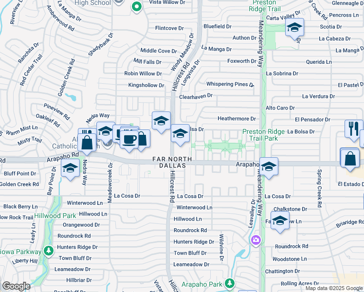 map of restaurants, bars, coffee shops, grocery stores, and more near 15720 Hillcrest Road in Dallas