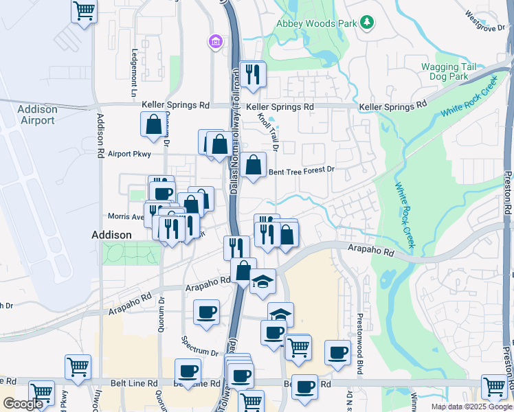 map of restaurants, bars, coffee shops, grocery stores, and more near 15850 Dallas Parkway in Dallas