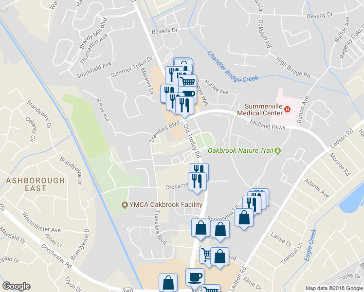 map of restaurants, bars, coffee shops, grocery stores, and more near 107 Timberlane Drive in Summerville