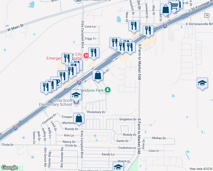 map of restaurants, bars, coffee shops, grocery stores, and more near 1228 Evergreen Street in Royse City
